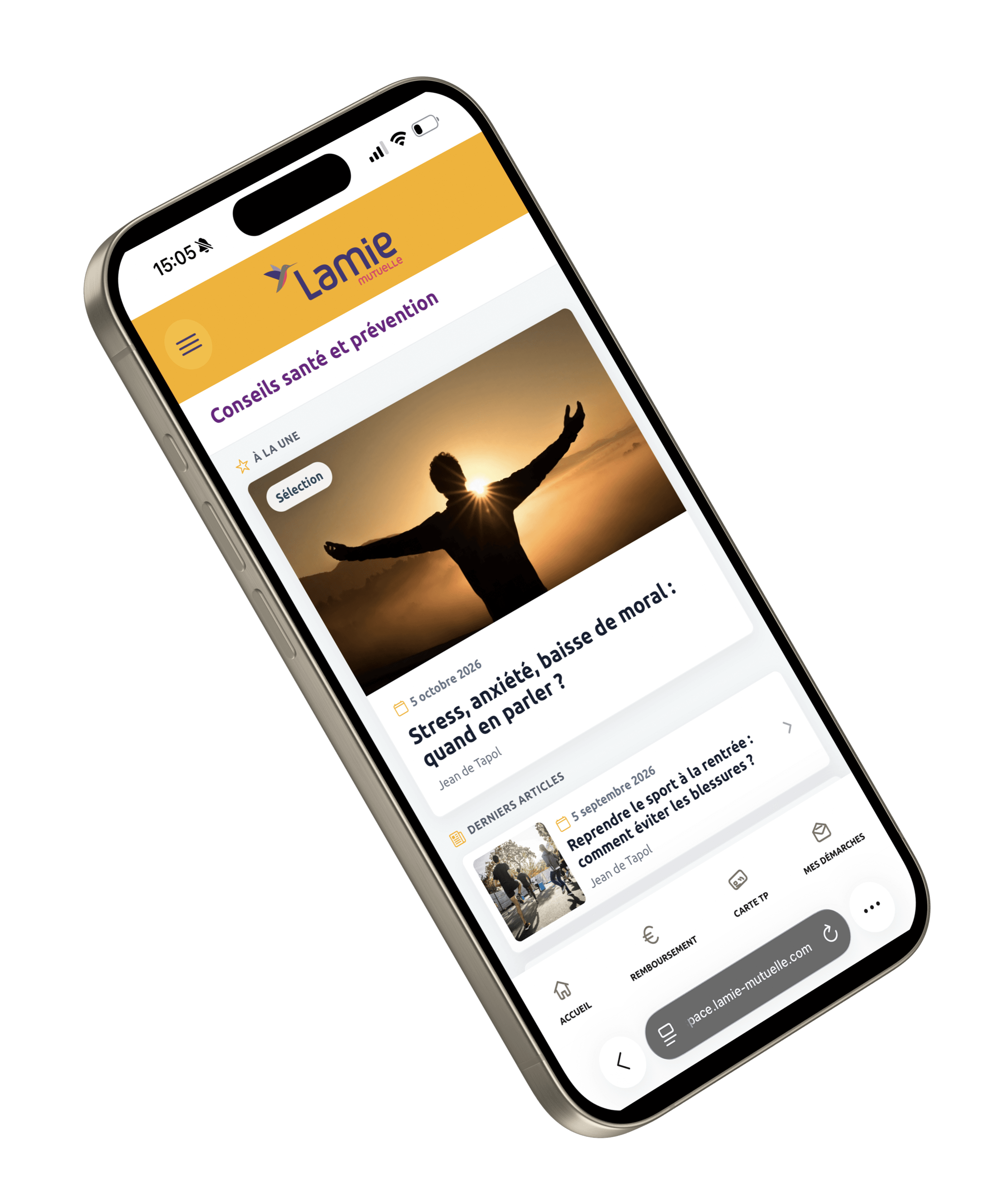 Téléphone portable montrant l'onglet articles et informations de l'espace adhérent jeune offre nine de Lamie mutuelle