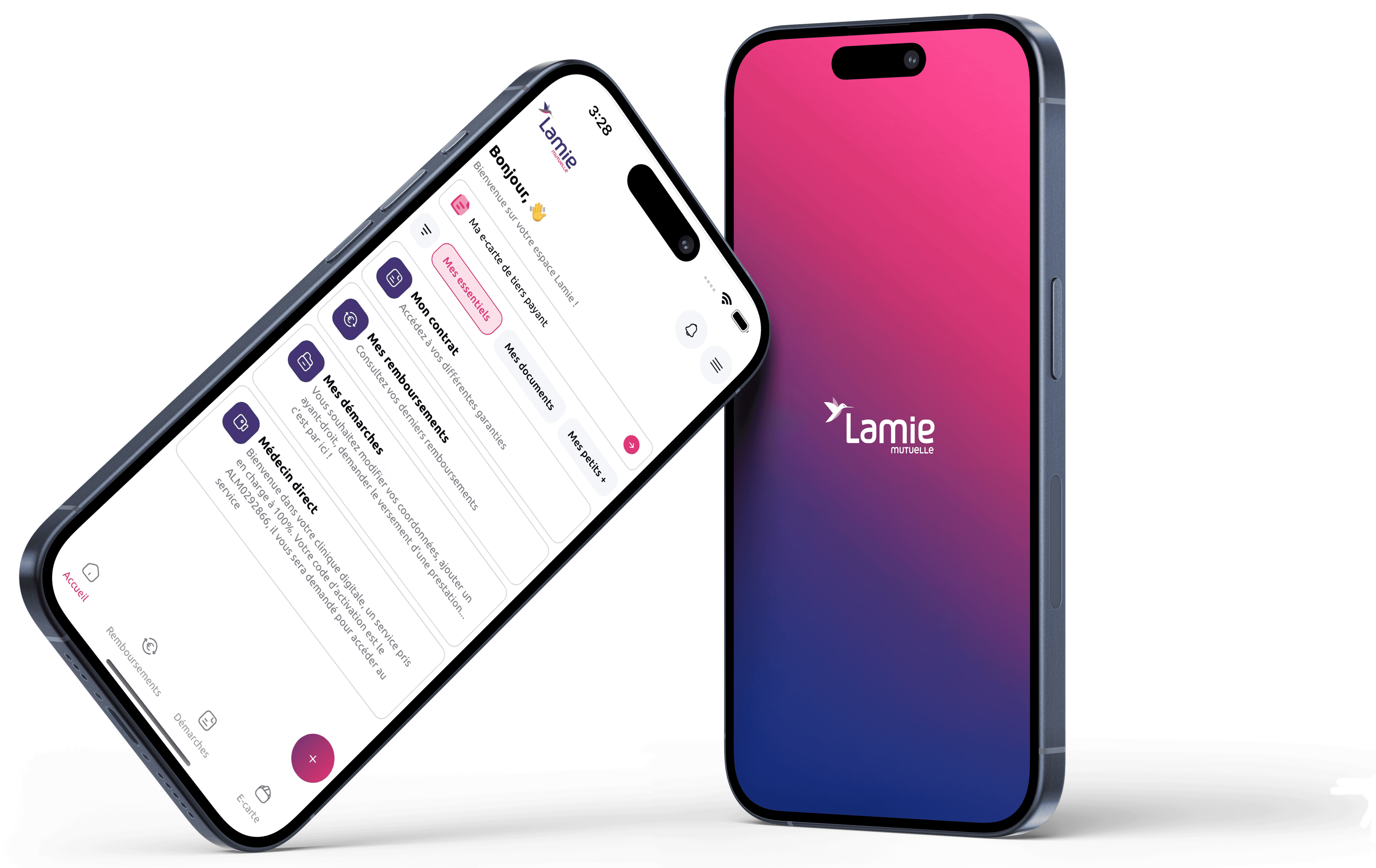 Deux écrans de smartphones qui représentent l'application de Lamie mutuelle pour ses adhérents
