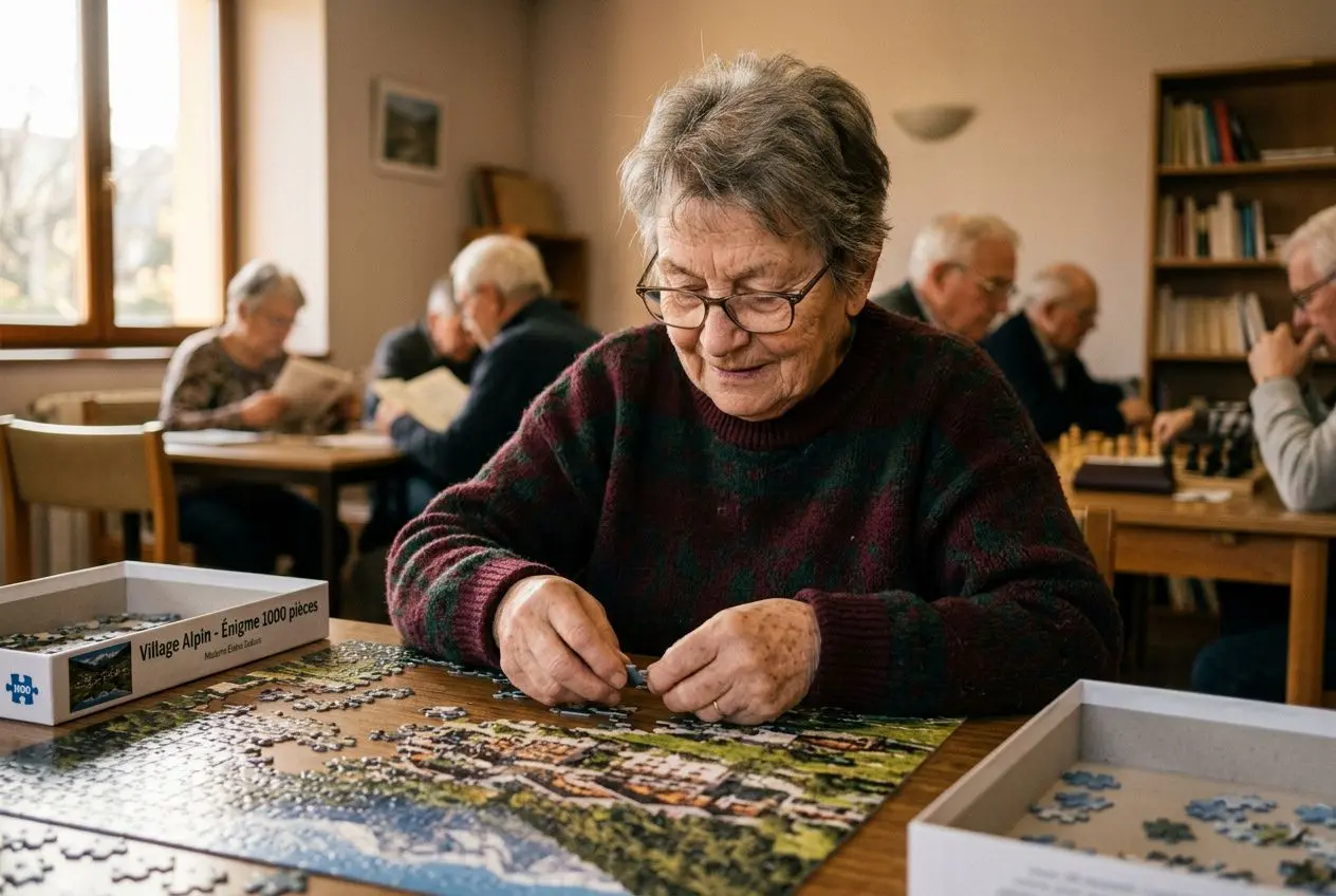 Femme âgée souriante résolvant un puzzle, entourée d’autres seniors dans un espace communautaire.