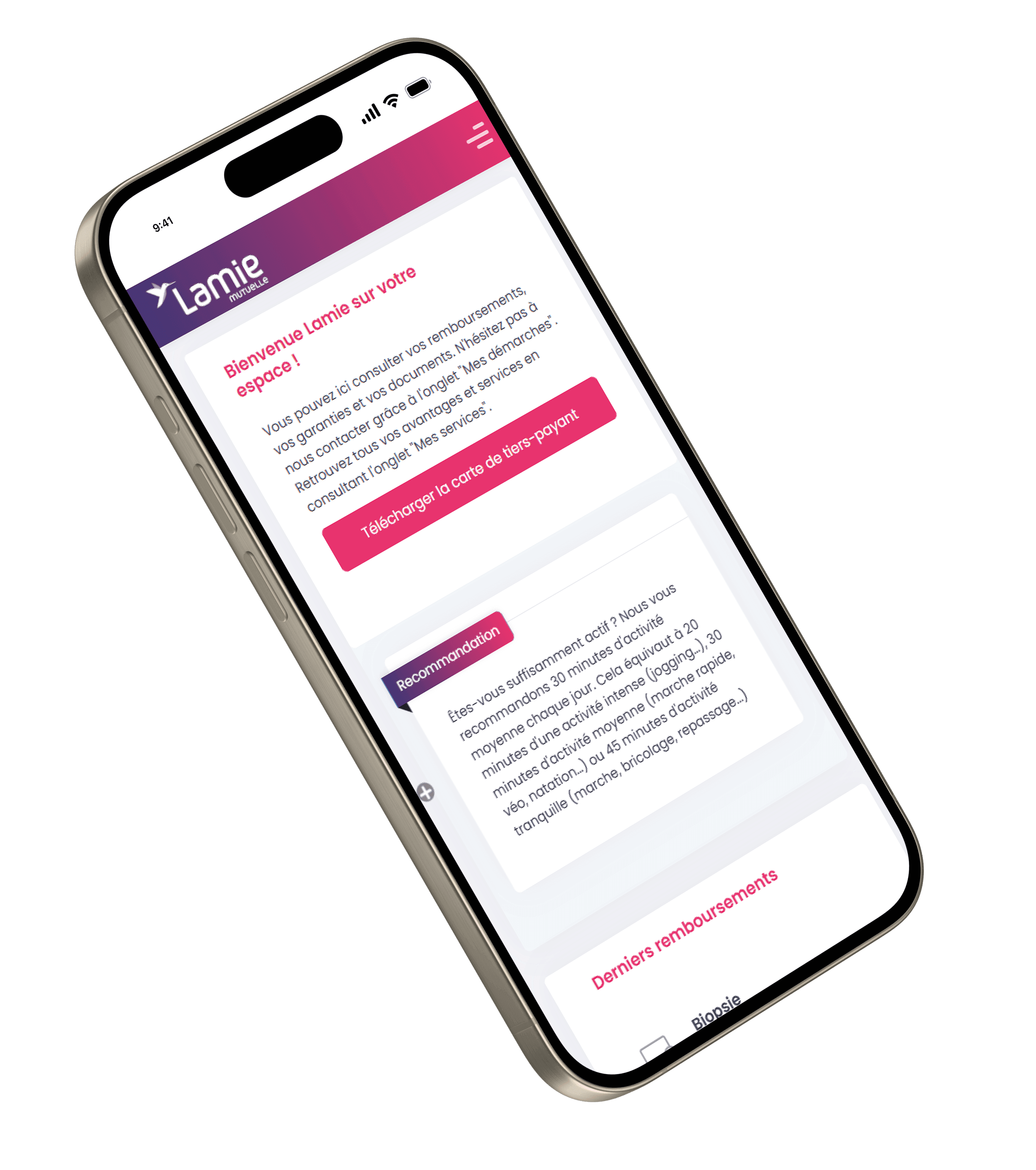Iphone avec espace adhérent de Lamie mutuelle pour faire ses démarches mutuelle en ligne