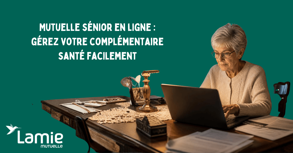 Lamie Mutuelle : femme âgée âgée utilisant un ordinateur portable sur un bureau, ambiance professionnelle et texte « Mutuelle senior en ligne : gérez votre complémentaire santé facilement ».