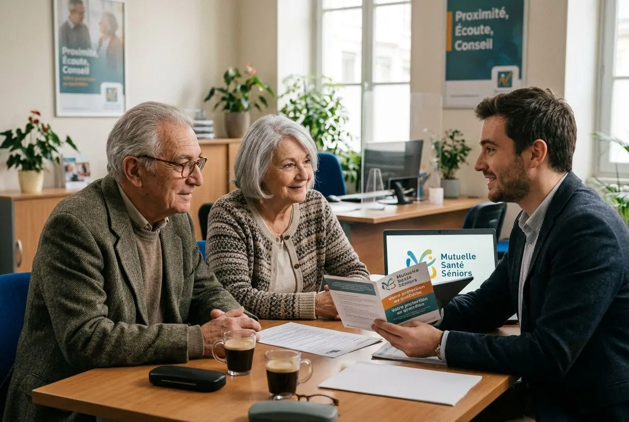 Trois seniors rencontrent un conseiller en mutuelle santé dans une agence, discutant d’un livret d’information.
