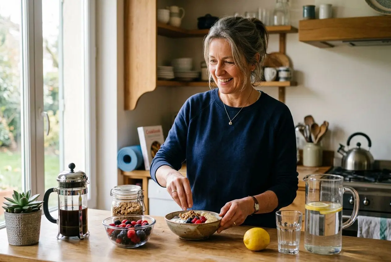 Femme souriante préparant un bol de céréales et fruits dans une cuisine lumineuse, avec eau citronnée et petit-déjeuner sain, incarnant les bonnes habitudes de vie.