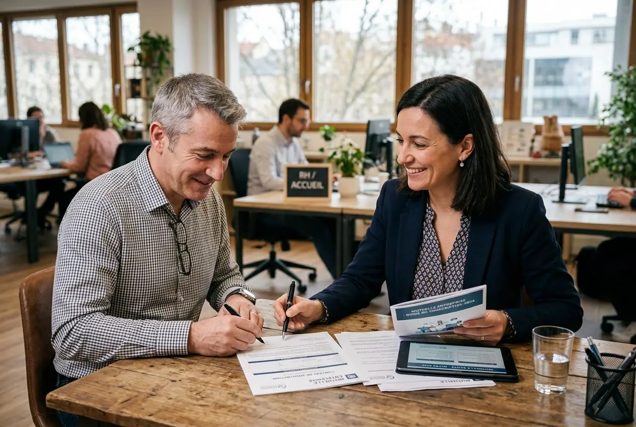 Deux professionnels signent des documents ensemble dans un espace de travail partagé, échangeant des feuilles et des brochures. Souscrire mutuelle entreprise est au cœur de leur démarche.