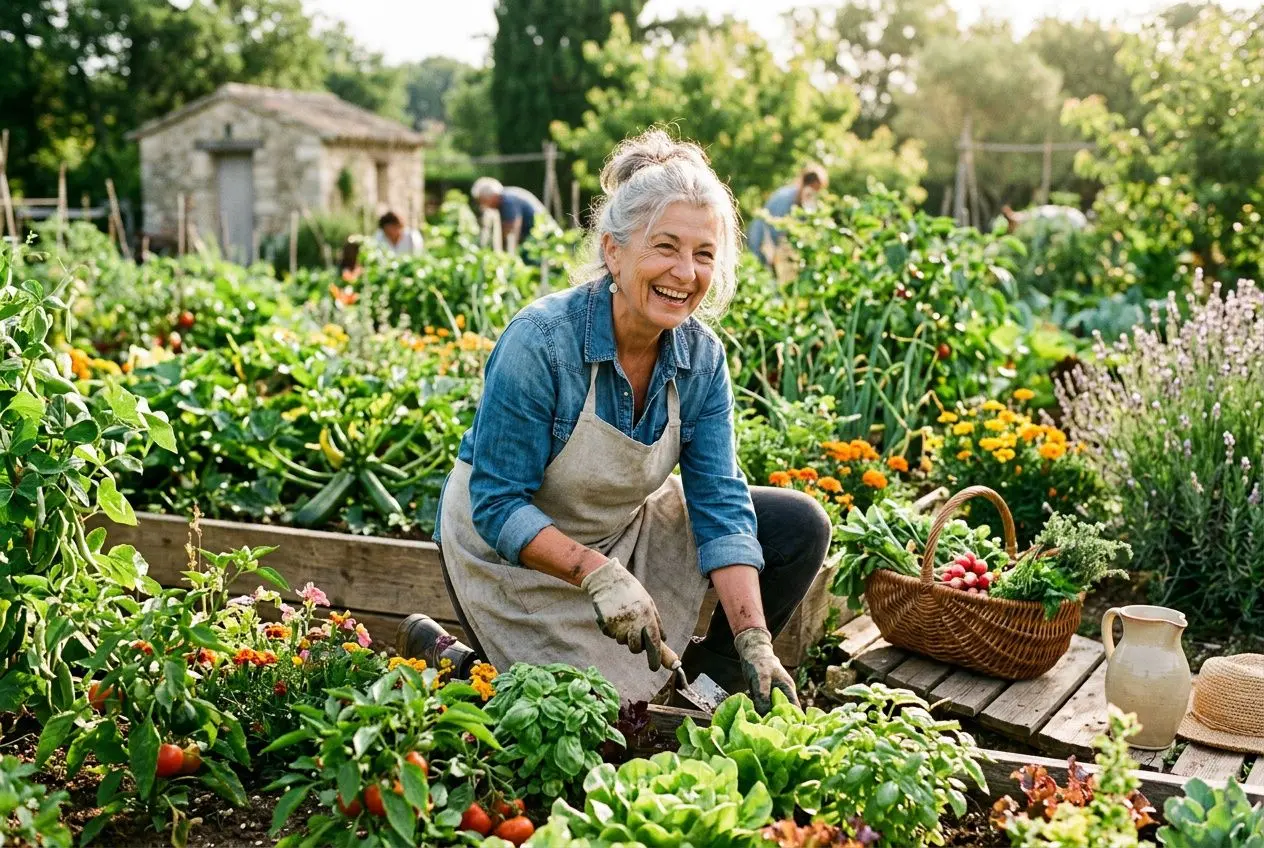 Une jardiniĂšre ĂągĂ©e souriante arrose et cueille des lĂ©gumes dans un jardin potager, entourĂ©e de fleurs et de paniers. conseils pour ĂȘtre en bonne santĂ©