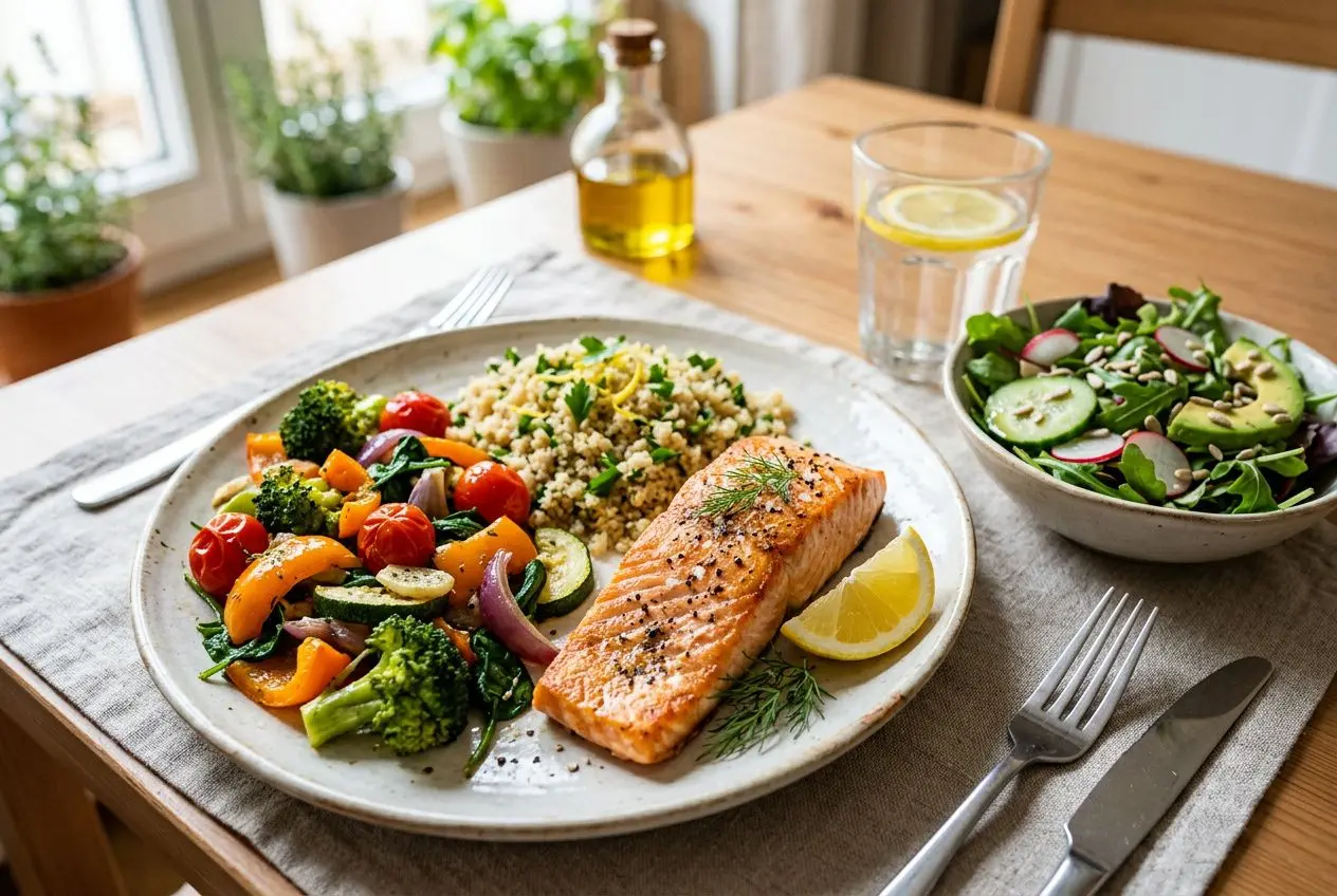 Repas sain avec saumon grillĂ©, lĂ©gumes colorĂ©s et salade verte, parfait pour des conseils pour ĂȘtre en bonne santĂ©.