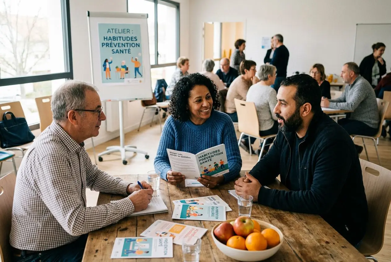 Groupe de personnes lors d’un atelier sur les habitudes prévention santé, échanges autour de brochures, affiches « Habitudes prévention Santé » et snacks autour d’une table. intégration: habitudes prévention santé quotidienne