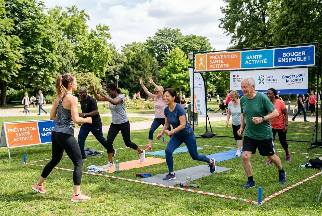 Groupe de personnes faisant du sport en plein air dans un espace vert, s’entraidant sur des tapis de fitness devant des panneaux sur la prévention santé et l’activité physique. Habitudes prévention santé quotidienne.