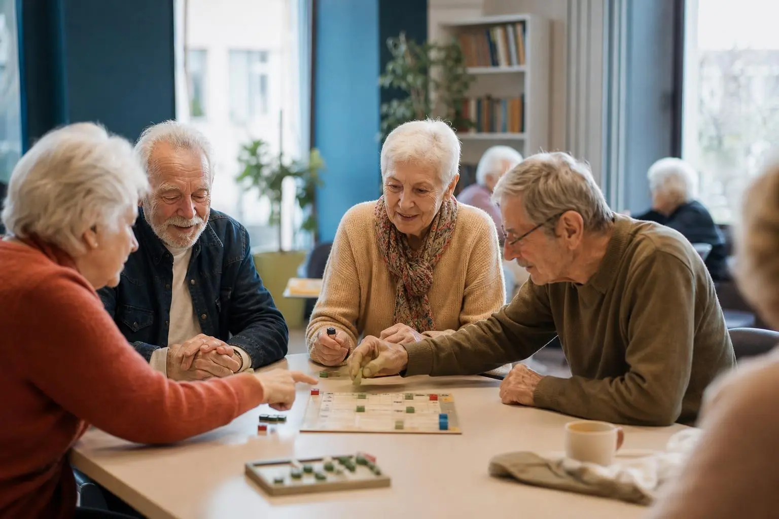 Groupe de seniors autour d’une table jouant à un jeu de société, échangeant et souriant, dans un espace lumineux et convivial. 10 conseils pour bien vieillir en contexte.