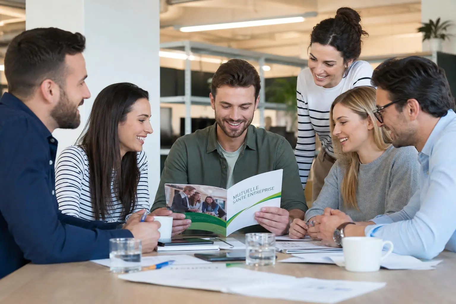 Groupe de salariés autour d’une table, réunion, discussion autour d’un livret sur les mutuelles d’entreprise.