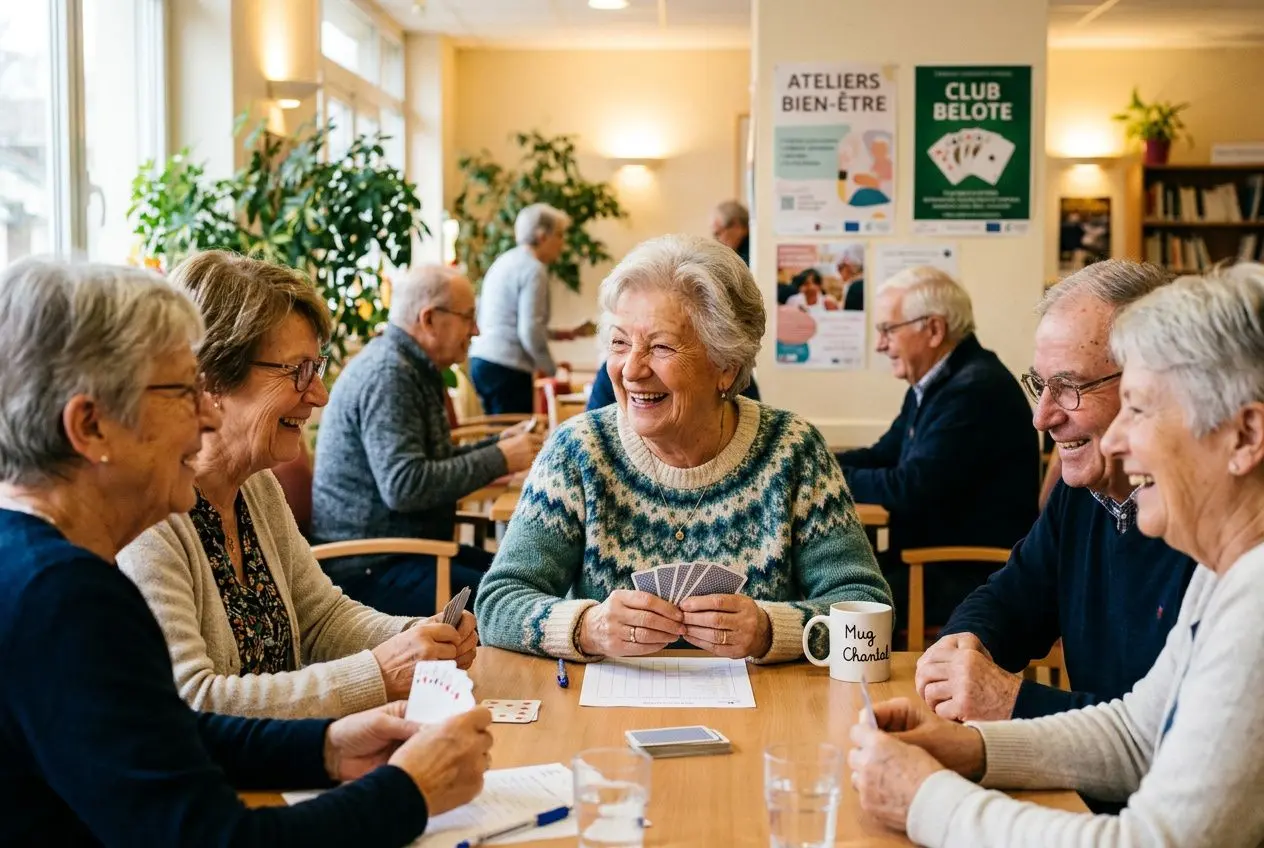 Groupes de seniors jouent à des jeux de cartes et rient autour d’une table, ambiance conviviale dans un club bien-être.