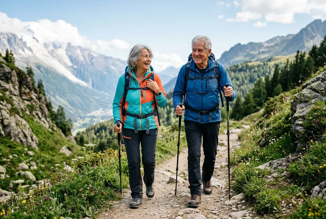 Couple de randonneurs seniors souriants sur un sentier de montagne, discutant en marchant, illustration de bien vieillir psychologiquement.