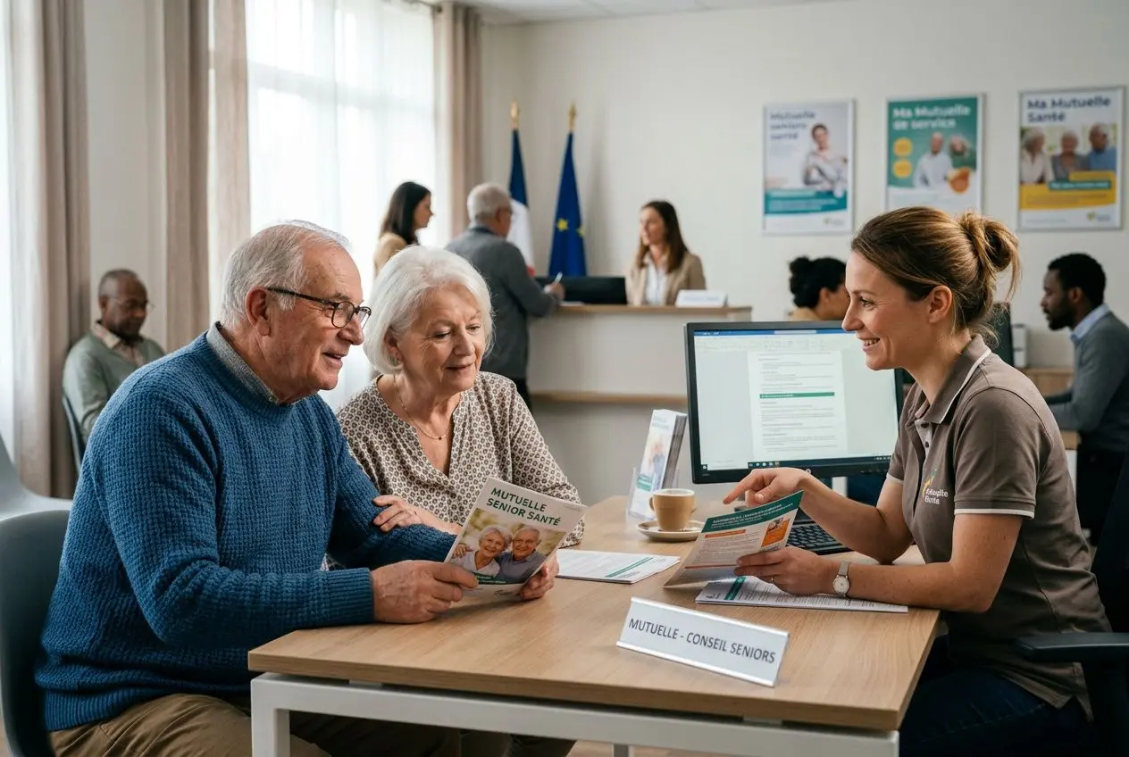 Une conseillère aide un couple âgé à choisir une mutuelle senior, affiches informatives et matériel sur la table. mieux meilleure mutuelle senior 2025 intégrée de manière fluide.