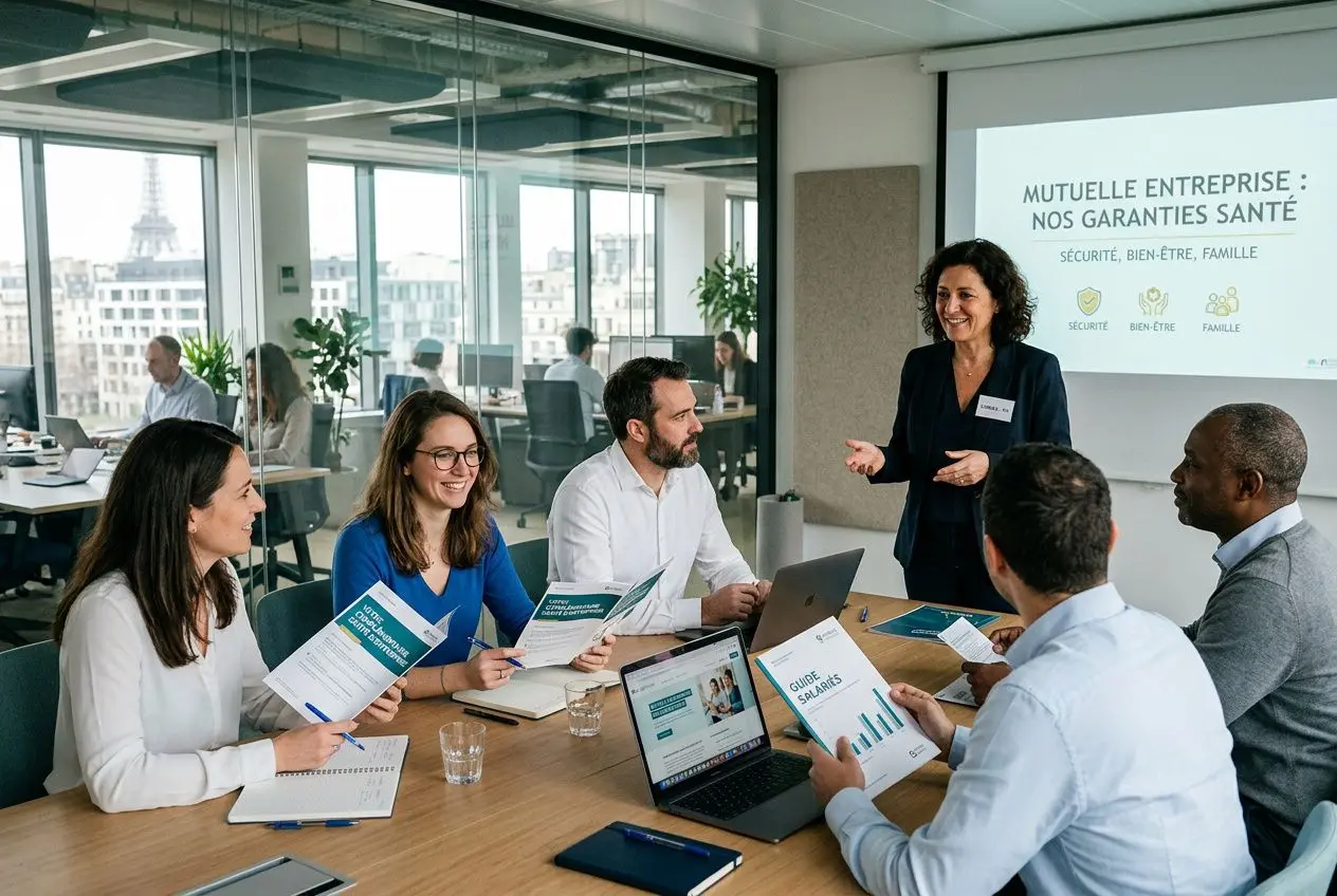 Réunion d’équipe en entreprise autour d’un bureau, présentations et documents sur la mutuelle collective, affichage “Mutuelle entreprise” à l’écran. intégré: meilleure mutuelle entreprise