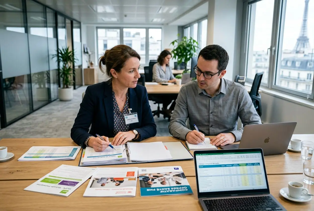 Deux professionnels examinent des documents et un tableau financier sur une table, en réunion, avec laptops et brochure sur le cadre d’une mutuelle d’entreprise. Ici, ils discutent d’un éventuel choix de meilleure mutuelle entreprise.