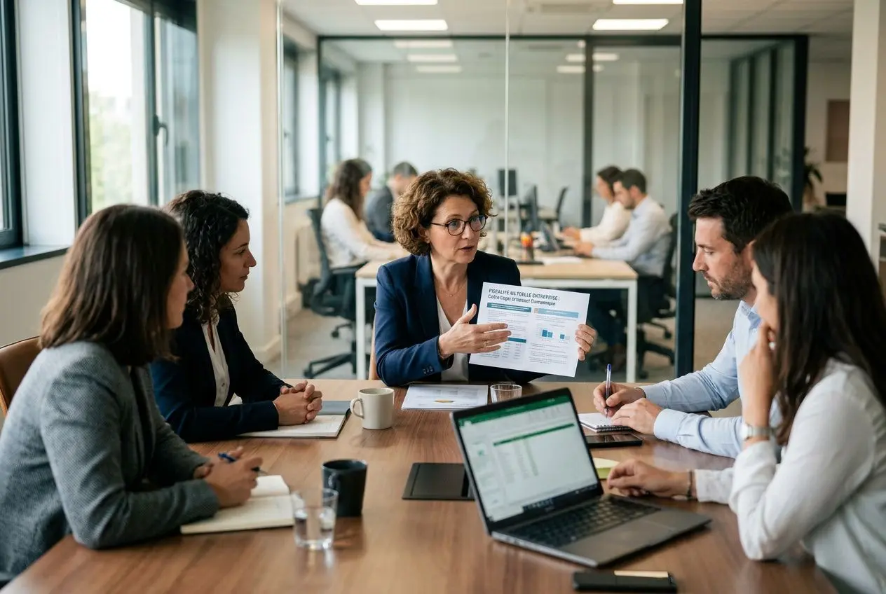 Groupe de professionnels en réunion, une femme porte-parole montre un document, discussion sur une mutuelle d’entreprise, ambiance bureau. meilleure mutuelle entreprise.