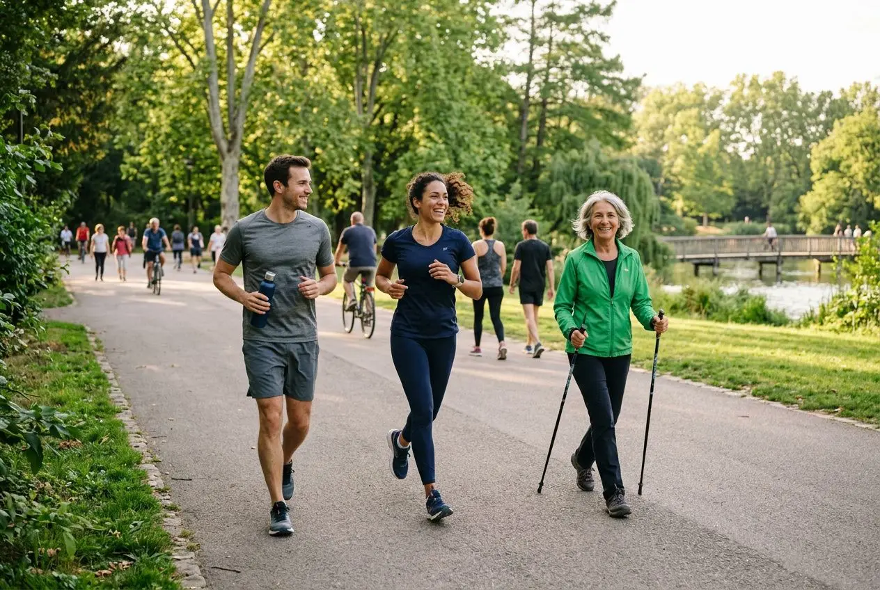 Trois personnes en extérieur pratiquant la marche et la course dans un parc, sous-bois et chemin pavé, promouvant les bonnes habitudes de vie.