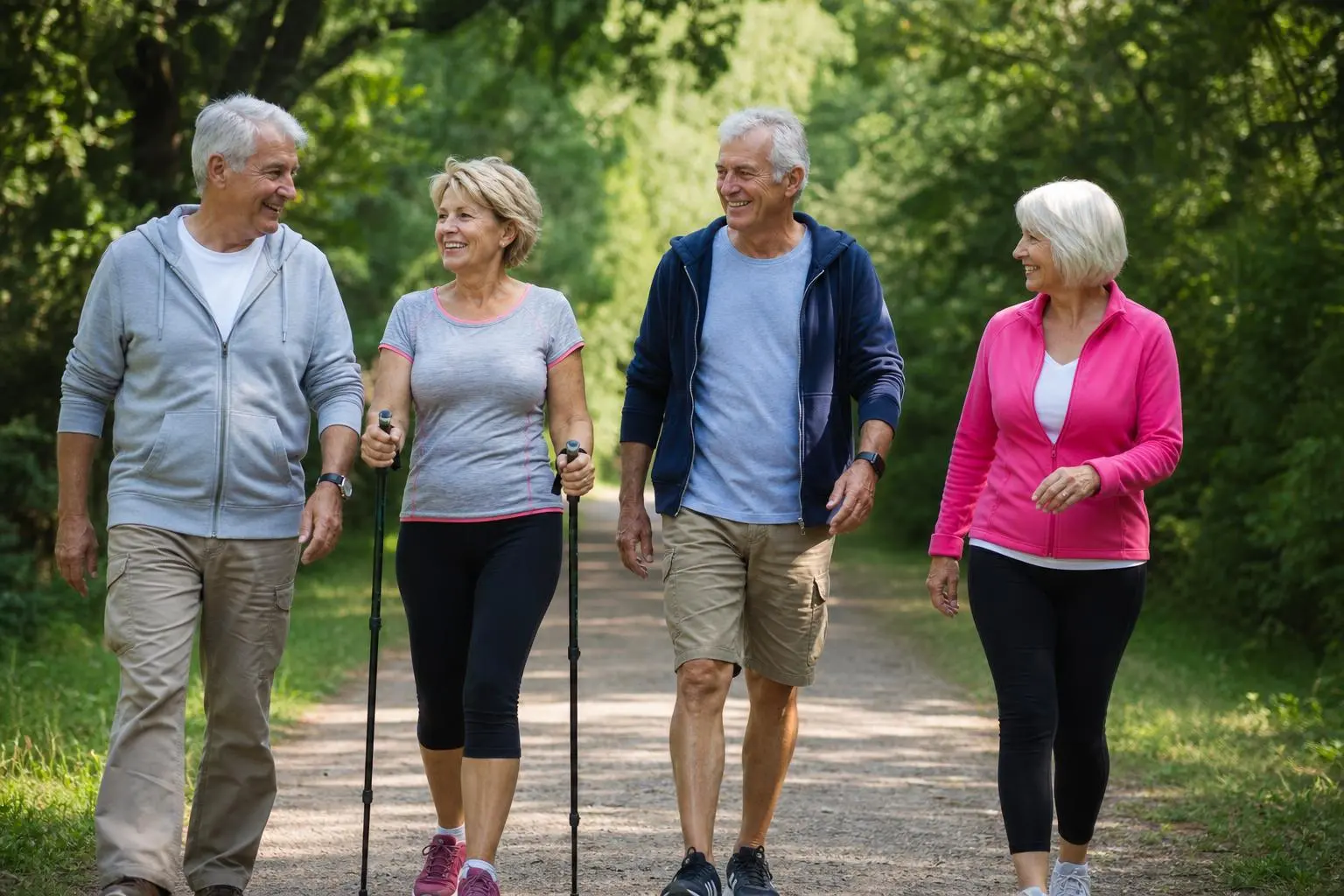 Quatre seniors marchent et sourient en groupe dans un parc, certains avec des bâtons de marche, promouvant les 10 conseils pour bien vieillir.