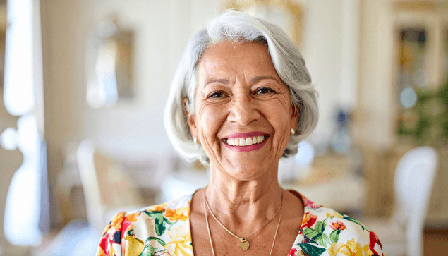 Smiling elderly woman with short gray hair wearing a colorful floral blouse in a bright indoor setting.